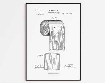 Op de afbeelding: Zwart-wit ingelijste print van een toiletpapierrol patent. De tekening toont de rol en zijn afgerolde vorm, met tekst inclusief de naam van de uitvinder en de patentdatum, 22 december 1891.