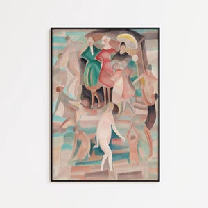 May include: Abstract watercolor painting in a black frame. The artwork depicts figures in various poses, with a color palette of muted greens, reds, and browns. The figures appear to be on a set of stairs.