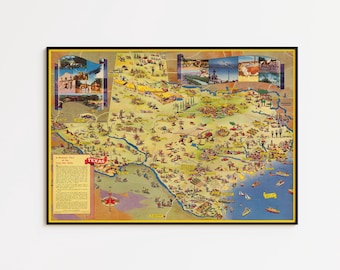Mapa pictórico vintage de Texas: póster enmarcado o impresión artística en lienzo