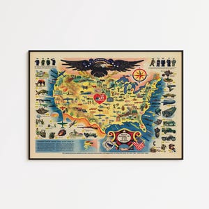 May include: A vintage-style map of the United States featuring a large eagle at the top, military illustrations, and the text Help Provide War Bonds. The map includes various icons of vehicles, animals, and equipment across the states with a cream background.