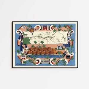 May include: A framed vintage-style map print of the Val de Loire region. The illustration features a central map, a boat filled with wooden barrels, grapevines, and two figures in blue clothing. The text reads Val de Loire, Muscadet, and other locations.