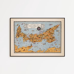 May include: A framed vintage-style animated map of Prince Edward Island featuring a light blue ocean background and orange landmass. The map includes various small illustrations of people, animals, and ships, with the text Animated Map of Prince Edward Island.