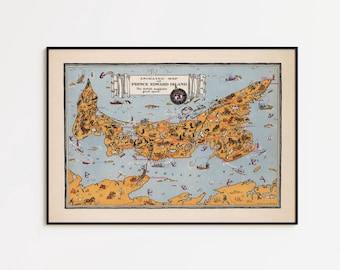 May include: A framed vintage-style animated map of Prince Edward Island featuring a light blue ocean background and orange landmass. The map includes various small illustrations of people, animals, and ships, with the text Animated Map of Prince Edward Island.