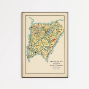 May include: Framed vintage map print of the Corrientes Province in Argentina. The map features a detailed illustration with blue rivers, yellow land, and red accents. Text includes "Colección Billiken" and "Provincia de Corrientes."
