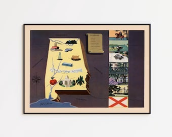 Póster con mapa de Alabama de 1938: Lienzo de estilo vintage o lámina enmarcada.