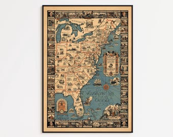 May include: A framed vintage-style map of the Eastern United States featuring a light blue ocean, tan landmasses, and detailed illustrations of historical scenes and landmarks in the border. The map includes text labels for states and regions.