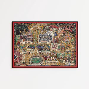 May include: A framed, colourful illustration with a red border. The artwork depicts a detailed, whimsical scene with various figures, buildings, and elements in a vibrant palette of colours. The illustration is rich in detail and complexity.