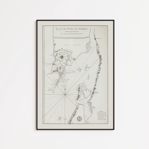 Puede incluir: Mapa en blanco y negro enmarcado titulado "Plan du Port de Bombay". El mapa muestra una carta náutica detallada con líneas que irradian desde un punto central. El mapa está encerrado en un marco negro, adecuado para la decoración de paredes.
