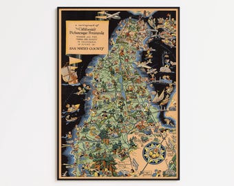 Vintage California Map Print: 1940 San Mateo County Pictorial Art