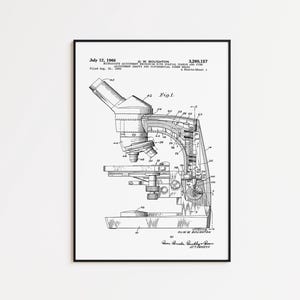 May include: A black and white patent print of a microscope adjustment mechanism dated July 12, 1966, by O.W. Boughton, patent number 3,260,157. The technical drawing displays the internal components and structure of the device in a framed vertical layout.