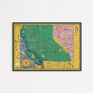 May include: A framed vintage map of British Columbia, Canada, with a colourful design. The map features green, blue, yellow, and pink hues, with text around the border. The map is in a black frame.
