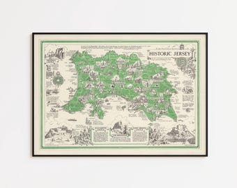 Mapa antiguo de la isla de Jersey: lámina artística de las Islas del Canal