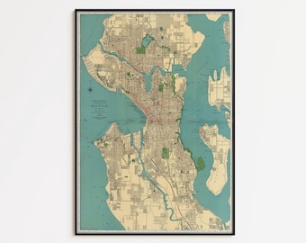 Puede incluir: Un mapa enmarcado de estilo vintage de Seattle, Washington, con una paleta de colores apagados de agua azul verdoso y masas de tierra color crema. La impresión cartográfica detallada muestra calles, parques y vías fluviales con texto negro.