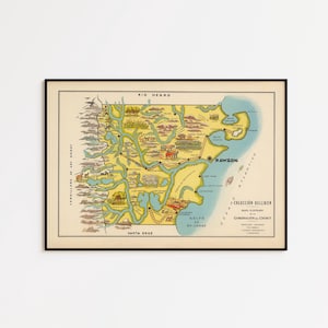 Może przedstawiać: Oprawiona mapa w stylu vintage z czarną obwódką. Mapa ma żółto-niebieską kolorystykę, przedstawiającą region nadmorski z rzekami, miastami i tekstem "RAWSON". Mapa zawiera tekst "COLECCION BILLIKEN".