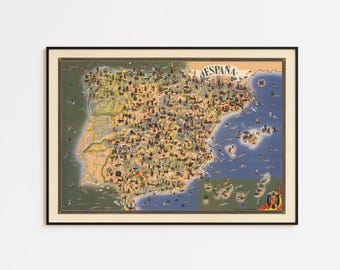 Mapa de España de 1959: Lámina decorativa vintage para pared.