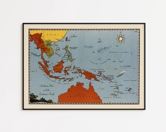 Mapa vintage del Sudeste Asiático: Impresión de póster enmarcada de 1944