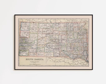 Mapa Dakoty Południowej w stylu vintage, wydruk: sztuka ścienna z lat 20. XX wieku, oprawiona w ramę lub na płótnie