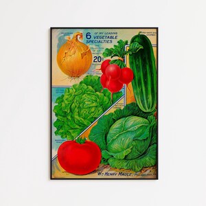 May include: Vintage print featuring an assortment of vegetables, including an onion, lettuce, radishes, a cucumber, cabbage, and a tomato. The print is titled "6 of My Leading Vegetable Specialties" and includes the price of 20 cents.