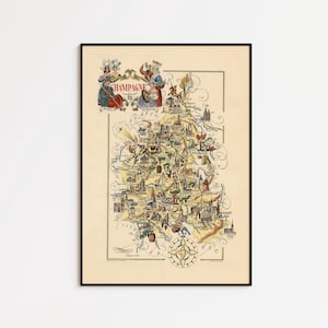 以下が含まれることがあります： フランスのシャンパーニュ地方を描いたヴィンテージスタイルの額入り地図。クリーム色の紙に印刷されています。地図には、伝統的な衣装を着た人々、地元のランドマーク、方位磁石のカラフルなイラストが描かれており、上部にはCHAMPAGNEという文字が記されています。