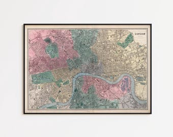 Mapa de Londres de 1865: Lámina decorativa vintage para la pared de la ciudad.