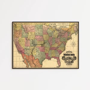 May include: A vintage-style map of the United States featuring muted pastel colors for individual states, black railroad lines, and text reading A Correct Map of the United States-America Showing the Atchison, Topeka and Santa Fe R.R. and Connections.