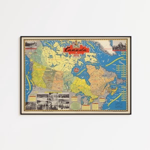May include: Framed vintage map of Canada with a black border. The map features a colorful design with the word "Canada" in red. Includes illustrations and text detailing various regions and landmarks.