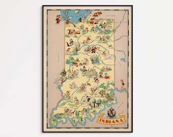 Impresión del mapa de Indiana de 1935: arte mural vintage