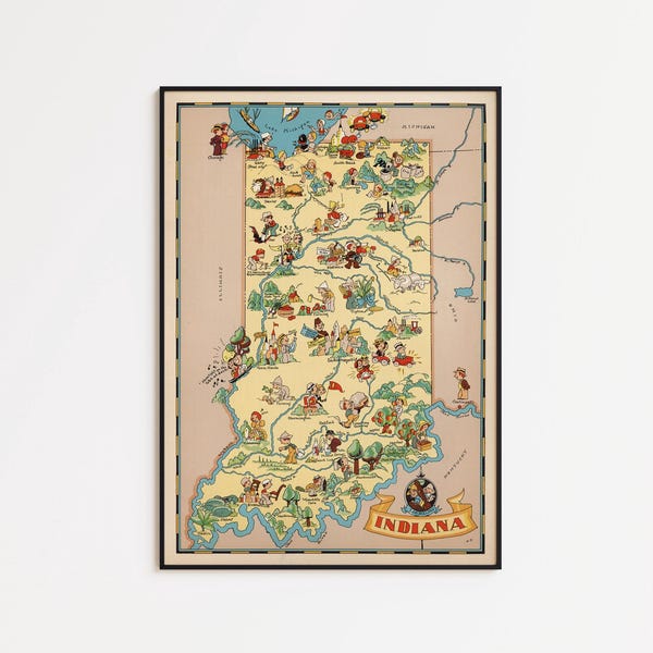 Impresión del mapa de Indiana de 1935: arte mural vintage