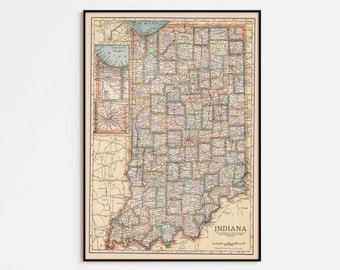 Impresión de mapa vintage de Indiana: arte mural enmarcado de la década de 1920, opción de lienzo