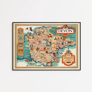 May include: A framed vintage map of Devon, England, featuring detailed illustrations and text. The map is in a colorful, retro style, with a cream-colored background and a black frame. The word "Devon" is prominently displayed.