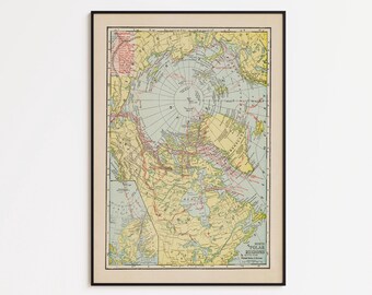 Vintage North Pole Map Print: Arctic Exploration, Framed Canvas Art