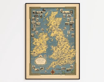 May include: A framed vintage-style map of the British Isles featuring a pale yellow landmass against a blue ocean background. The map is decorated with numerous small illustrations of landmarks and ships, enclosed in a dark, ornate border.