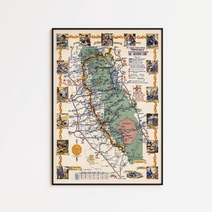 Op de afbeelding: Ingelijste vintage kaart van de Mother Lode-regio, met een gedetailleerde illustratie in groen en beige. De kaart toont wegen, bezienswaardigheden en illustraties, alles in een zwart frame.