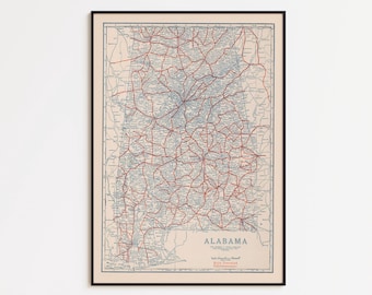 Vintage 1920 Alabama Roads Map: Framed Poster, Canvas Art Print