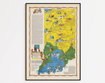 Mapa colorido de Indiana de 1937: Arte mural vintage