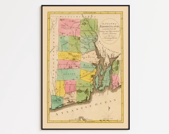 1815 Rhode Island Map: Vintage Style Poster, Framed Art or Canvas Print