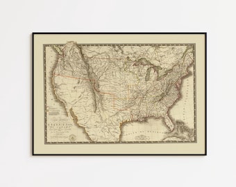 Mapa histórico de Estados Unidos y Canadá de 1821: Arte mural vintage