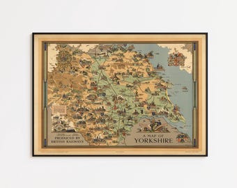 Impresión del mapa de Yorkshire de 1949: arte mural vintage