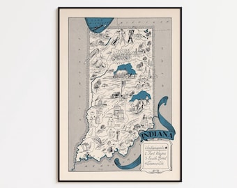Mapa antiguo de Indiana: Arte decorativo para la pared del estado