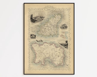 Impresión de mapa vintage de las Islas del Canal: Arte mural del Canal de la Mancha