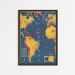Puede incluir: Mapa vintage enmarcado del Océano Atlántico, con un océano azul y masas terrestres amarillas y rojas. El mapa incluye el texto "LE FRONT DE L'OCEAN" en la parte superior y líneas rojas que indican rutas.