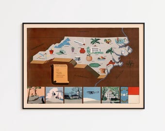 Impresión del mapa de Carolina del Norte de 1938: arte mural vintage