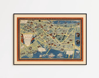 Vintage kaartafdruk Salem (Massachusetts): kunst aan de muur