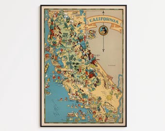 Impression de carte de Californie de 1935 : oeuvre d'art murale de style vintage