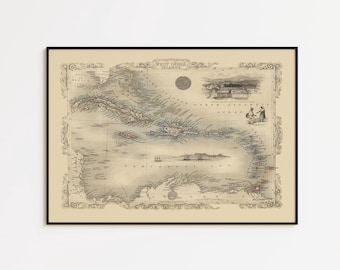 Vintage West Indies Map Print: Caribbean Wall Art, Ready to Hang Canvas