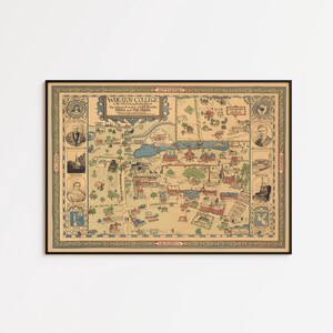 May include: A framed vintage map of Wheaton College, featuring detailed illustrations of campus buildings, landmarks, and portraits. The map is in a rectangular format with a black frame, showcasing a beige and blue colour scheme.
