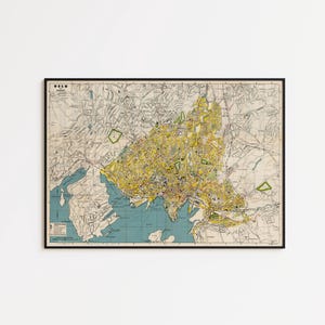 May include: A framed vintage map of Oslo, Norway, with a black border. The map features a detailed depiction of the city, with yellow and green highlighting the urban areas and parks. The water is colored in shades of blue.
