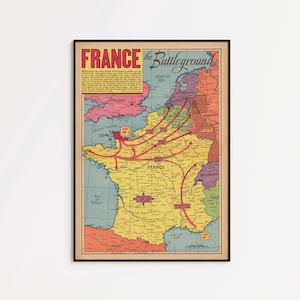 France WW2 Map Print: Vintage War Map Poster, Canvas Art