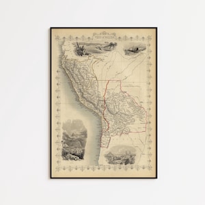 Peut inclure: Une carte ancienne encadrée intitulée PERU & BOLIVIA présentant une topographie détaillée, des côtes et des frontières régionales. La carte comprend de petites vignettes illustrant des paysages et des villes sur un fond sépia.