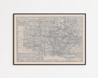 Vintage Oklahoma Roads Map Print: 1920s Wall Art, Framed or Canvas